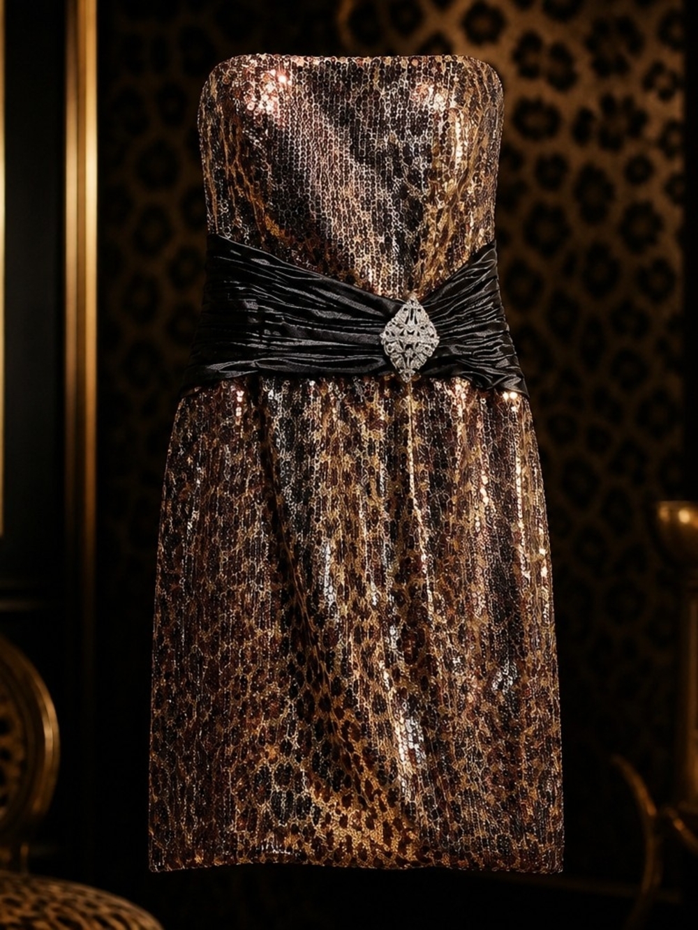 Vintage Y2K Riva Leopard Sequin Strapless Short Party Homecoming Dress Sz 2 4037